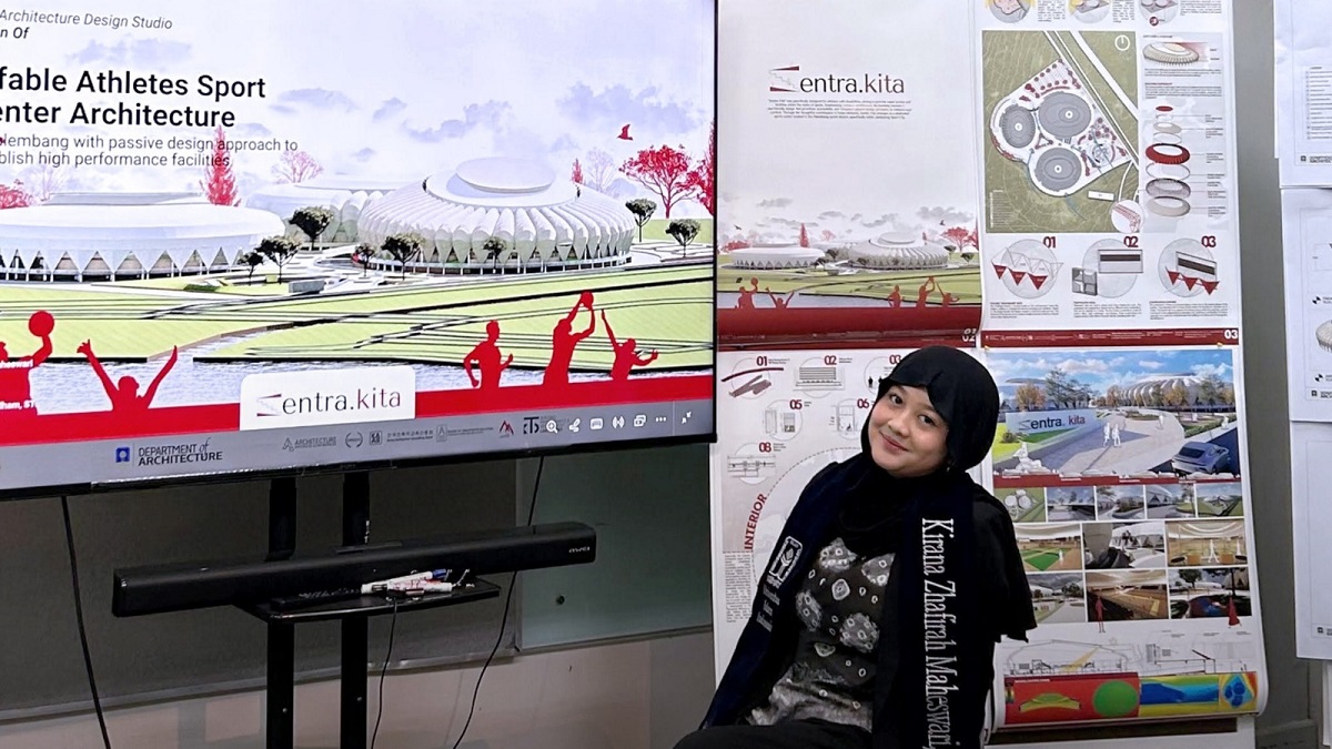 Kirana Zhafirah Maheswari dengan desain bangunan Sport Center. (foto : istimewa)