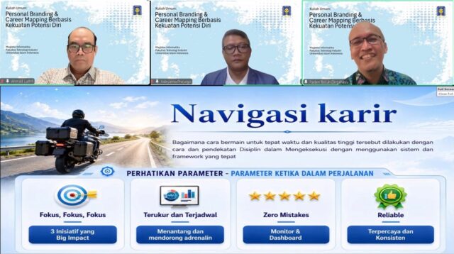 Kiri ke kanan: Dr Ahmad Luthfi, Manajer Akademik Keilmuan Magister Informatika FTI UII, Adityanto Prayogo, dan R Teduh Dirgahayu saat menyampaikan materi Kuliah Umum, Sabtu (20/6/2026). (foto : istimewa)